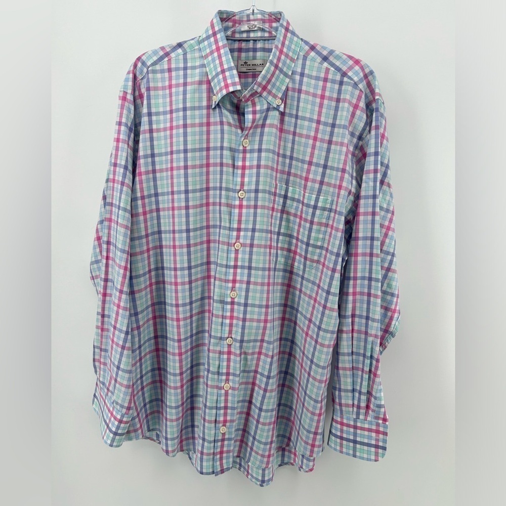 Peter Millar Crown Ease Shirt Mens Sz Large Button Up Pink Blue Green Check